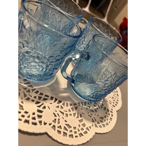 Vintage Kig Indonesia Glass Mugs - Set of 4, Ice Blue, Embossed Fruit GREAT USED - Picture 7 of 9